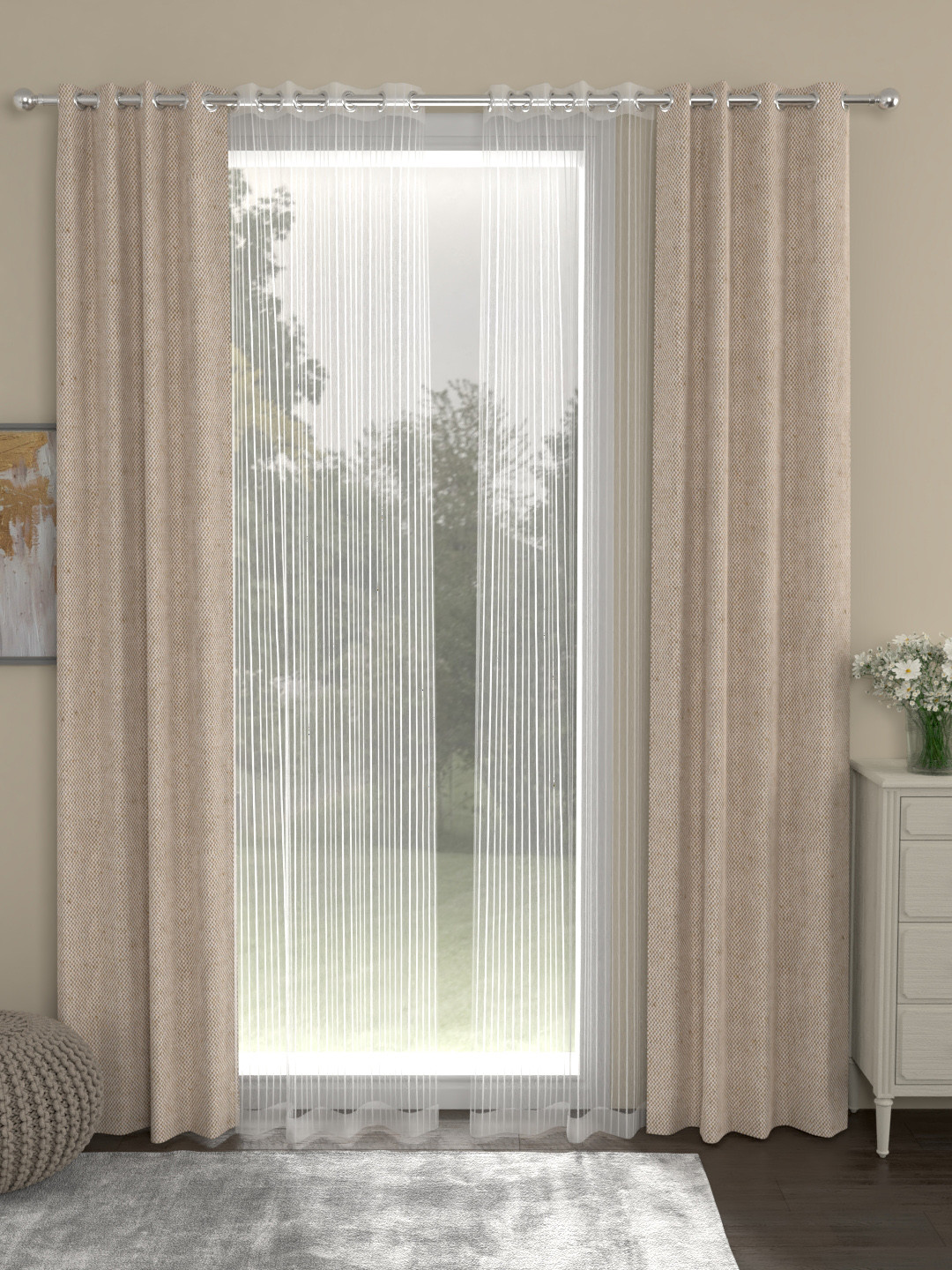 

ROSARA HOME Beige & White Set of 4 Door Curtains