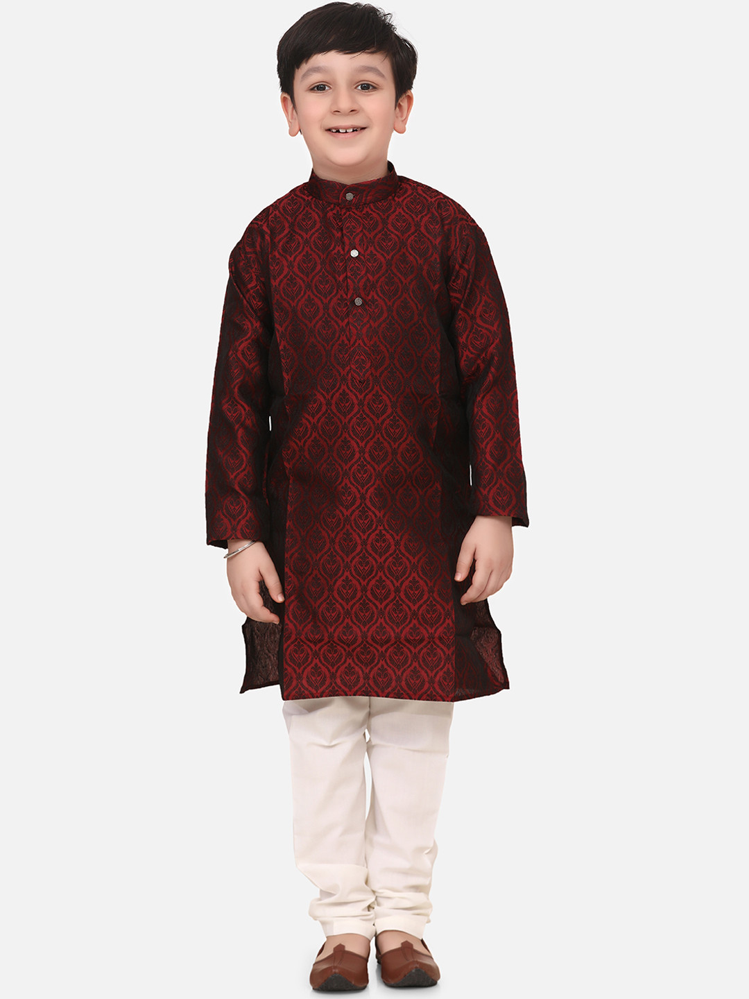 

LilPicks Boys Maroon & Off-White Woven Design Kurta with Churidar