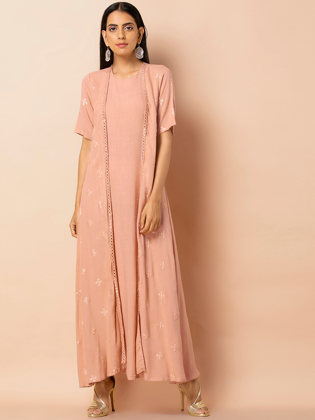 

INDYA Peach Viscose Embroidered Jacket Dress