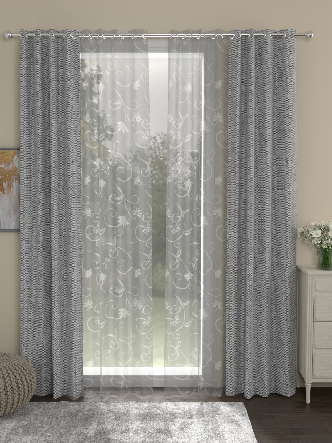 

ROSARA HOME Grey & White Set of 4 Door Curtains