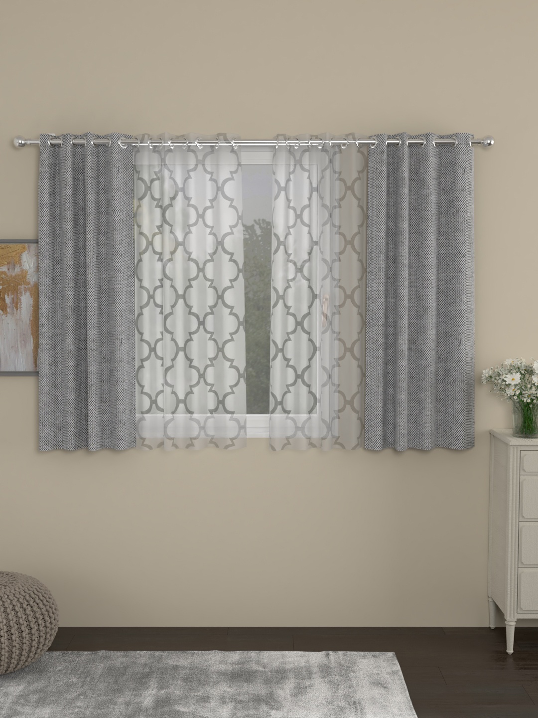 

ROSARA HOME Grey & White Set of 4 Window Curtains