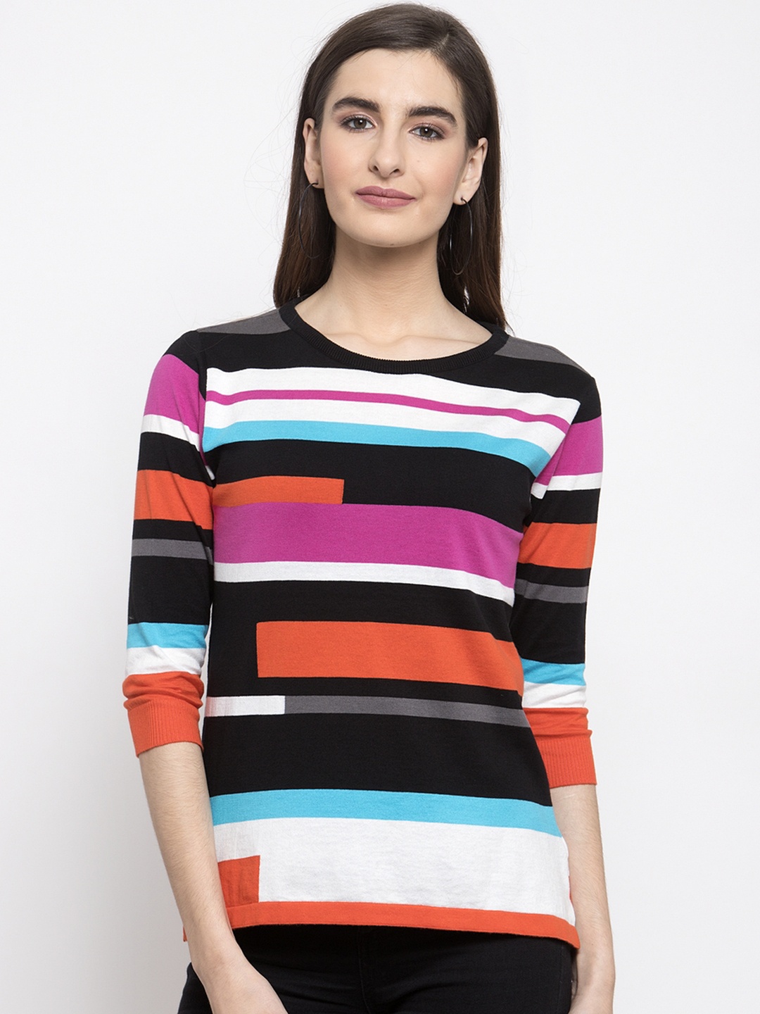 Kalt Women Multicoloured Striped Boat Neck T-shirt, Multi