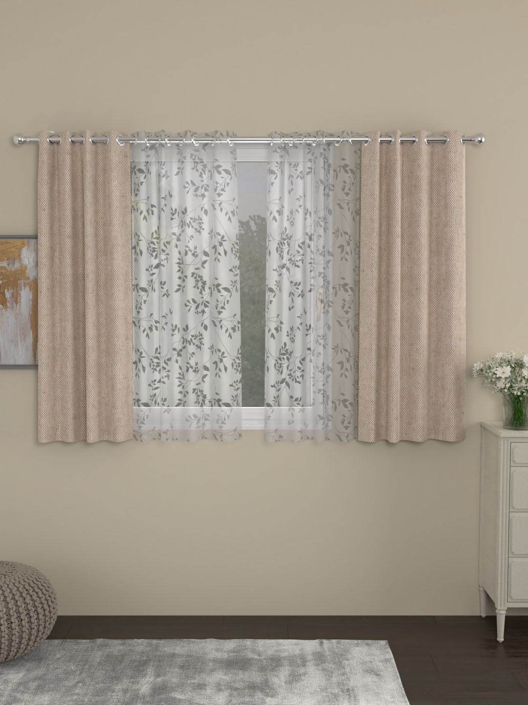 ROSARA HOME Set of 4 Solid Window Curtains, Beige