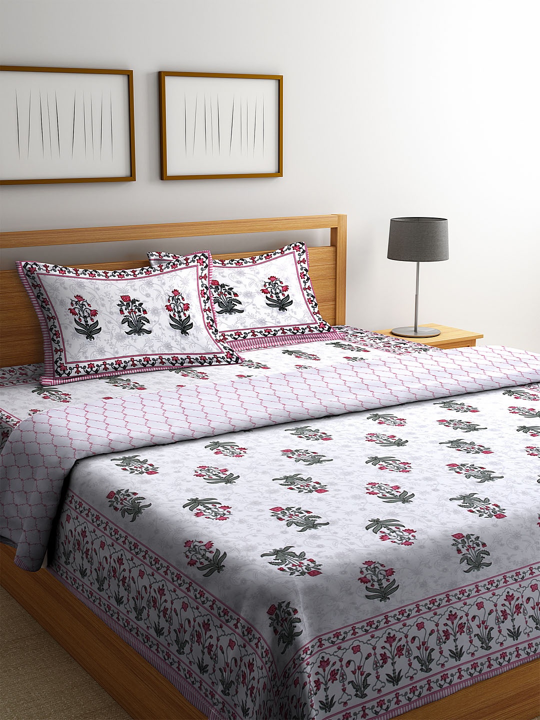 

Rajasthan Decor Set of 4 White & Red Floral Bedding set with Reversible AC Comforter