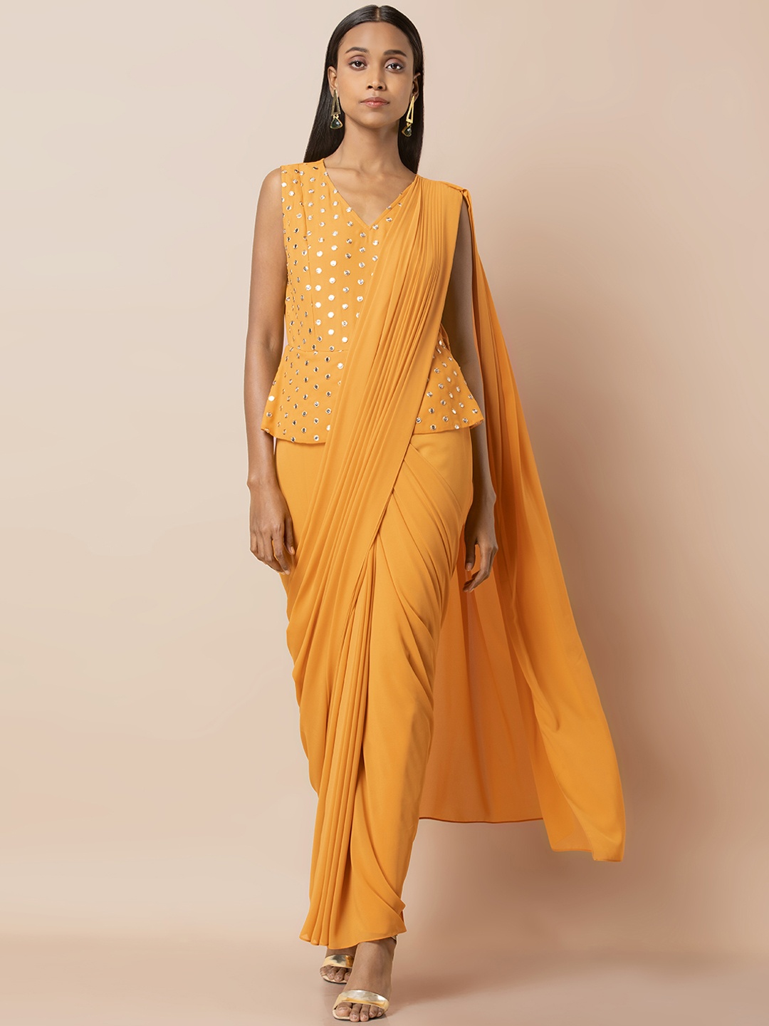 

INDYA Mustard Yellow Mirror Work Peplum Tunic Saree