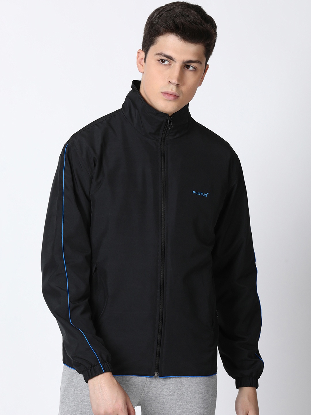 Plutus Men Black Solid Windcheater Biker Jacket