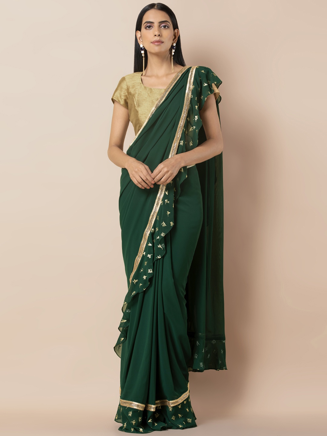 

INDYA Green Printed Ready to Wear Saree