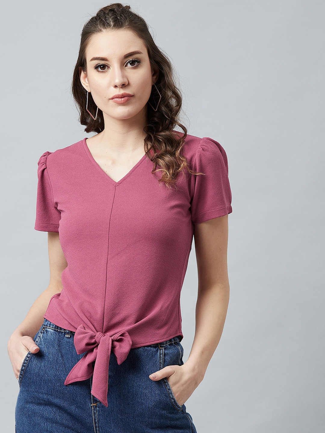 

Athena Pink V-Neck Knotted Top