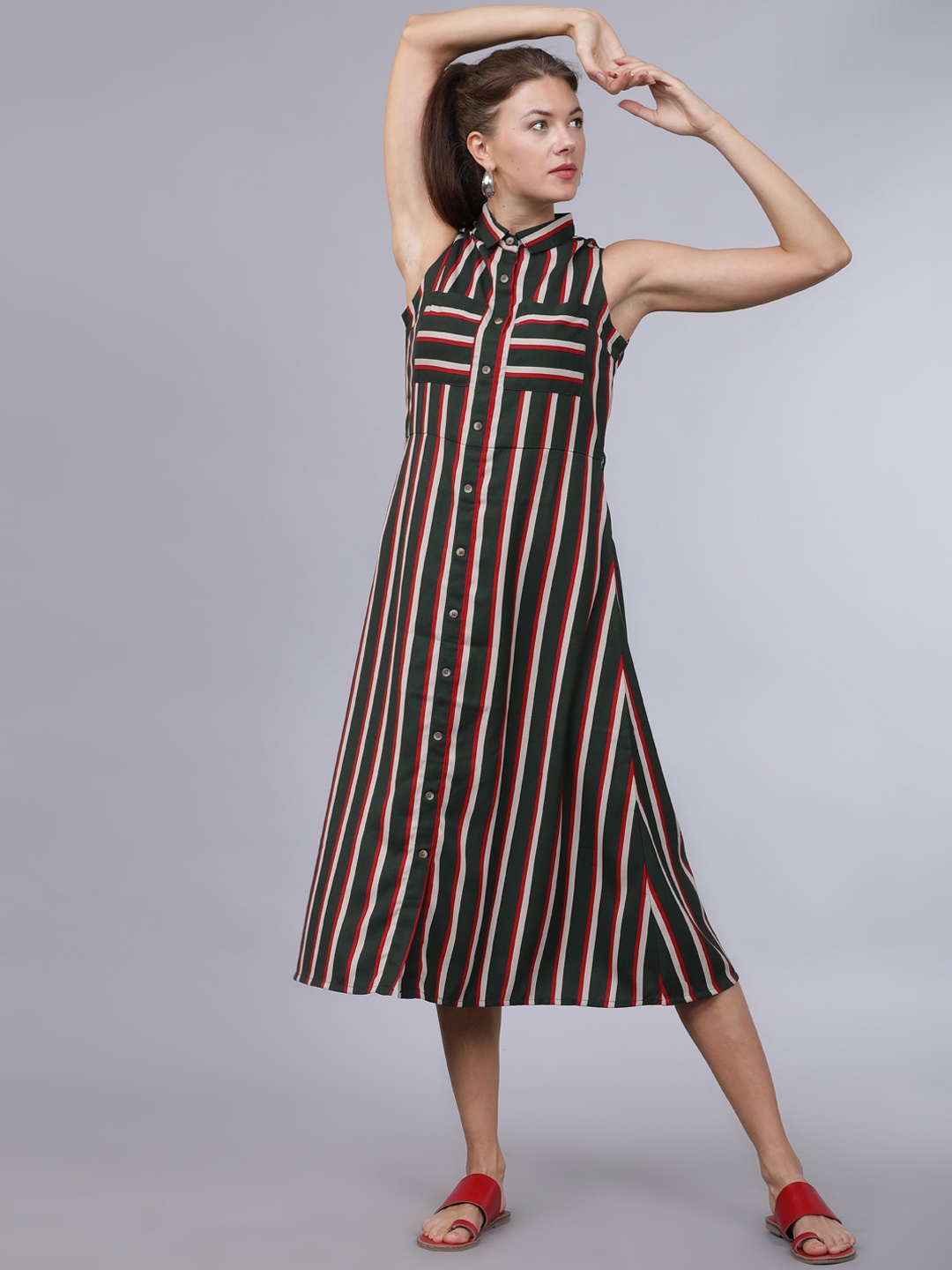 Tokyo Talkies Women Green & Red Striped Printed Shirt Dress