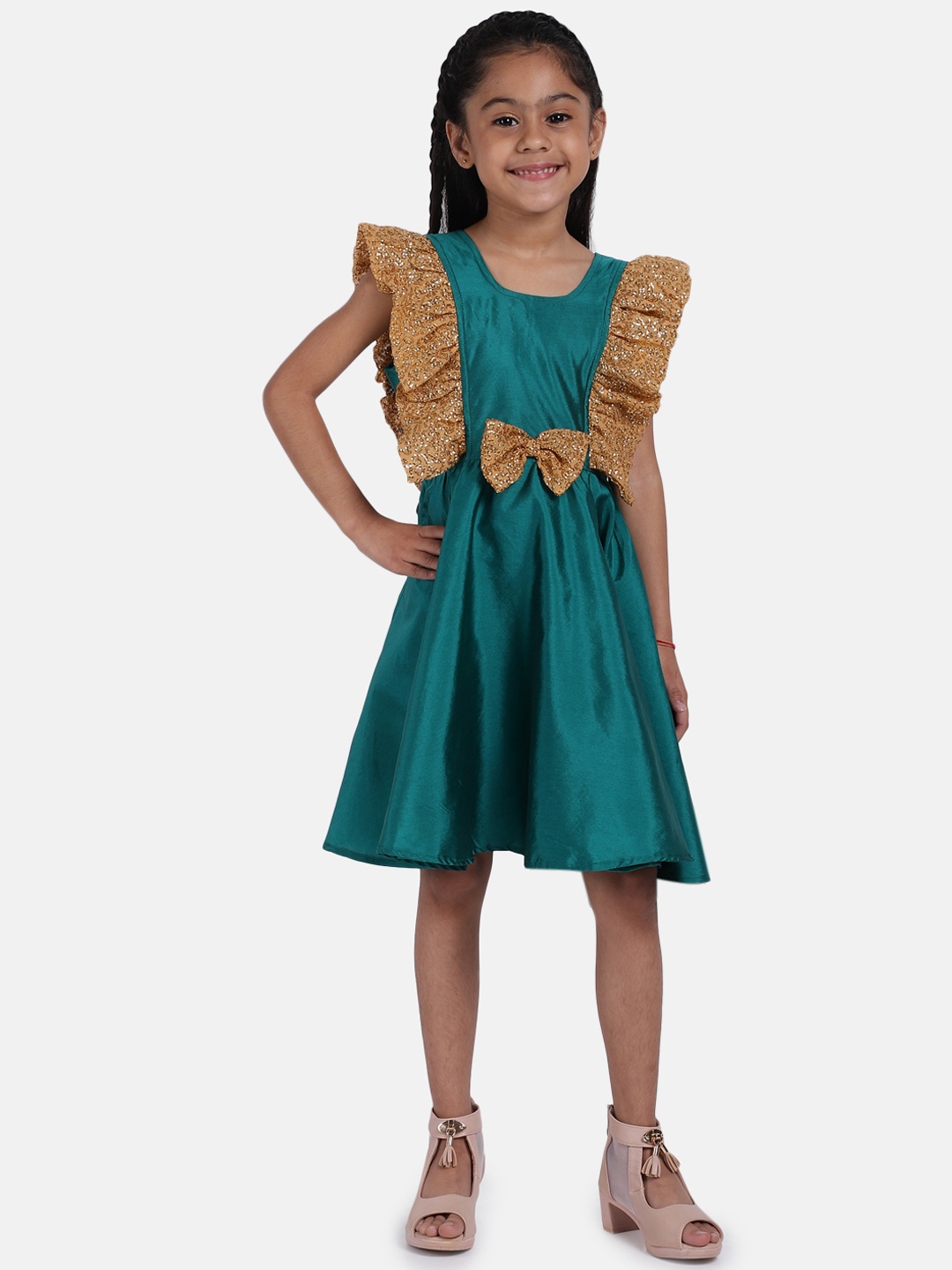 

BownBee Girls Green Colourblocked Sequinned Fit and Flare Silk Dress