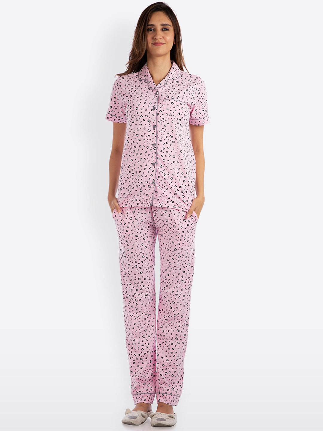 

Nite Flite Women Pink & Grey Printed Night suit