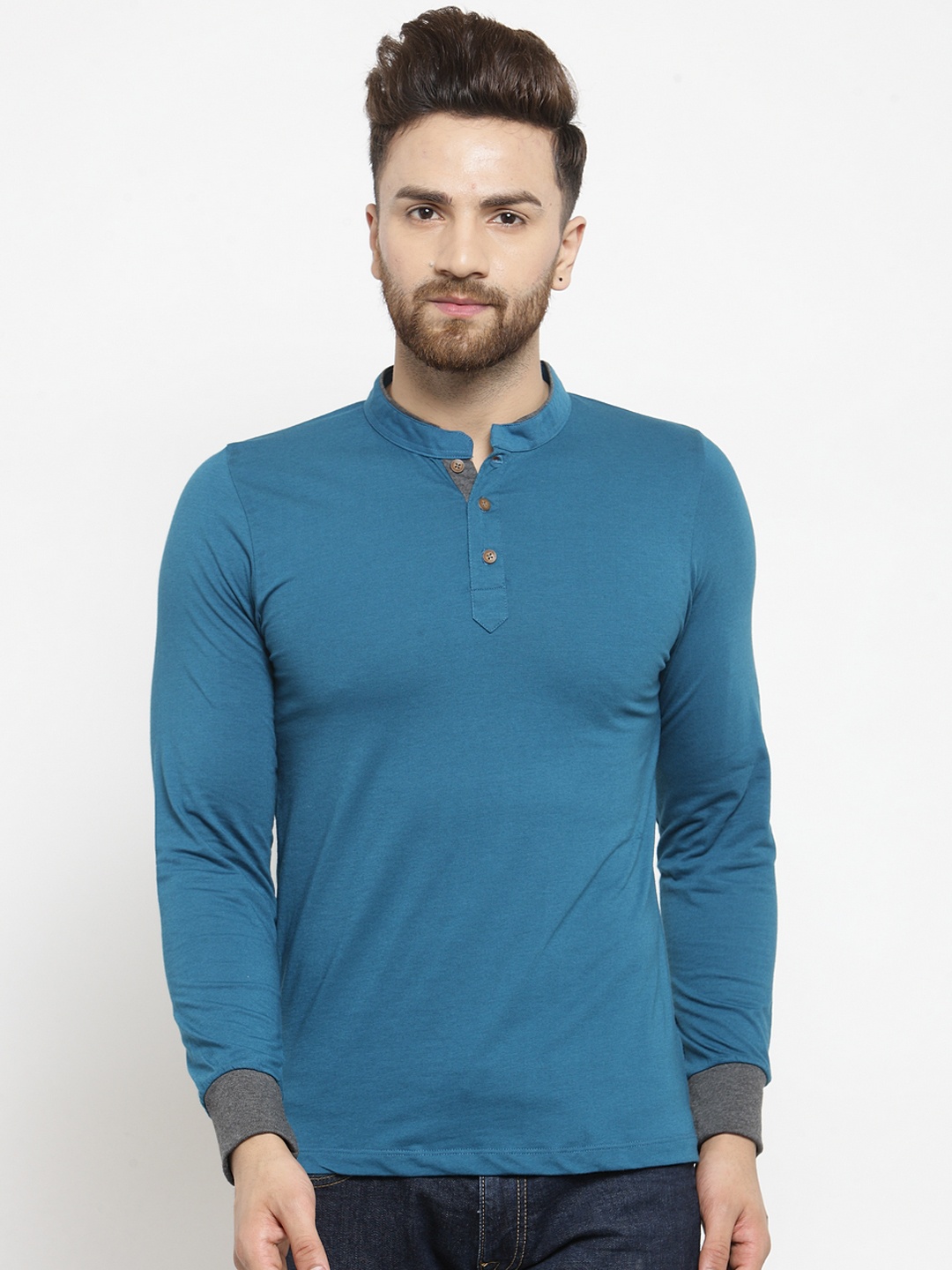 Kalt Men Teal Solid Mandarin Collar T-shirt