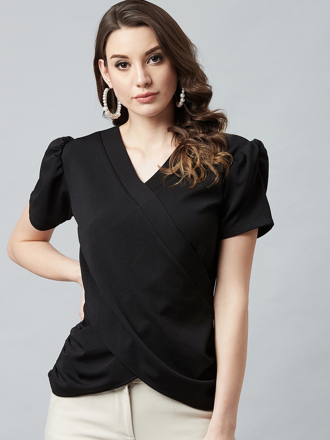 

Athena Black Wrap Top With Puffed Sleeves