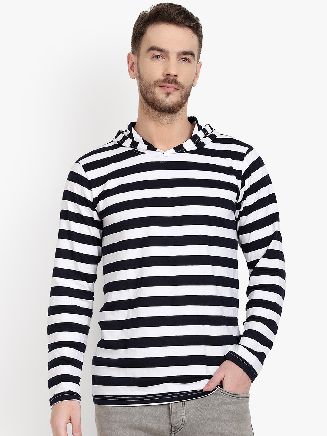 

PAUSE SPORT Men Black & White Striped Round Neck T-shirt