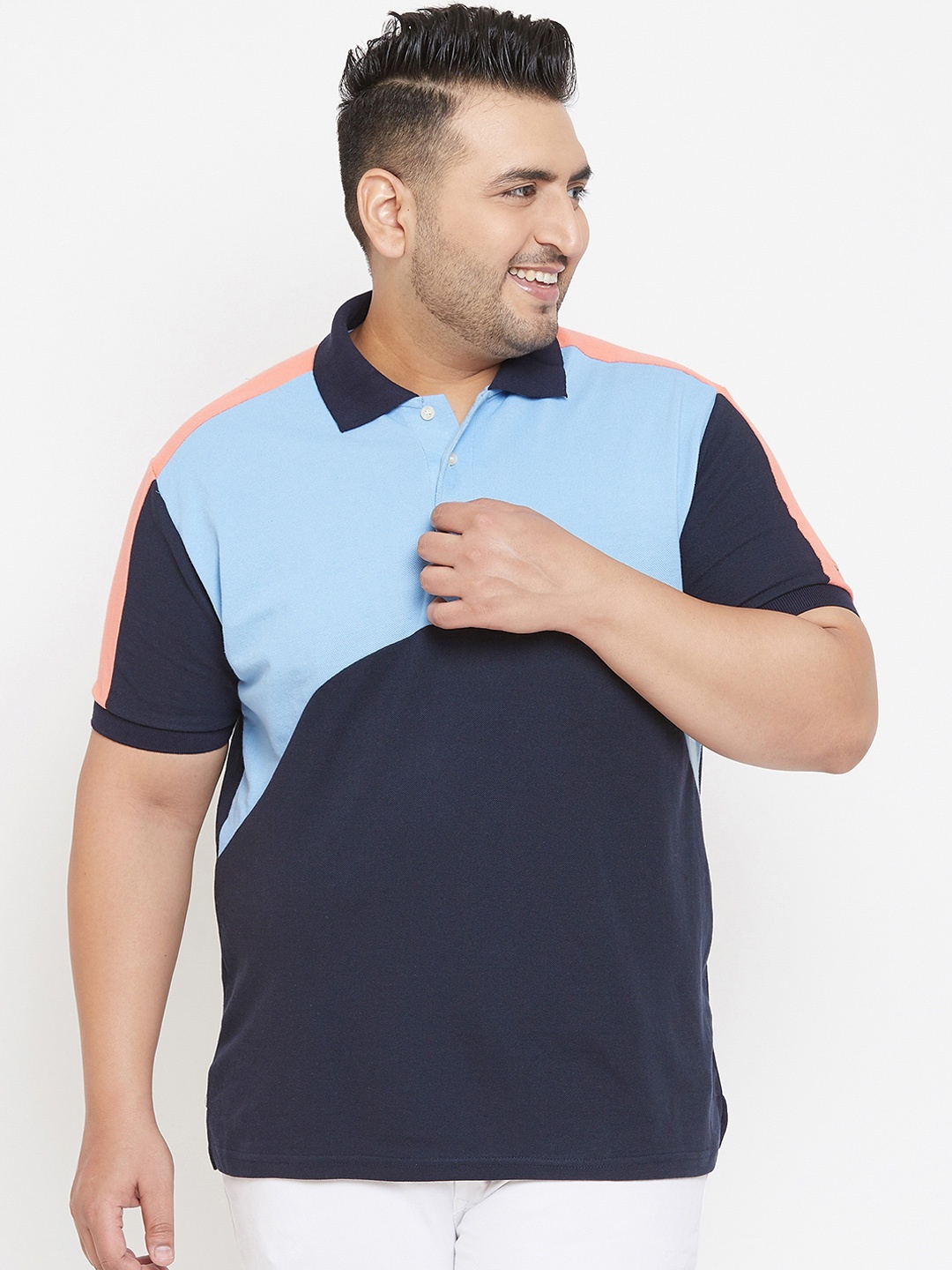 

bigbanana Plus Size Men Blue Colourblocked Polo Collar Pure Cotton T-shirt