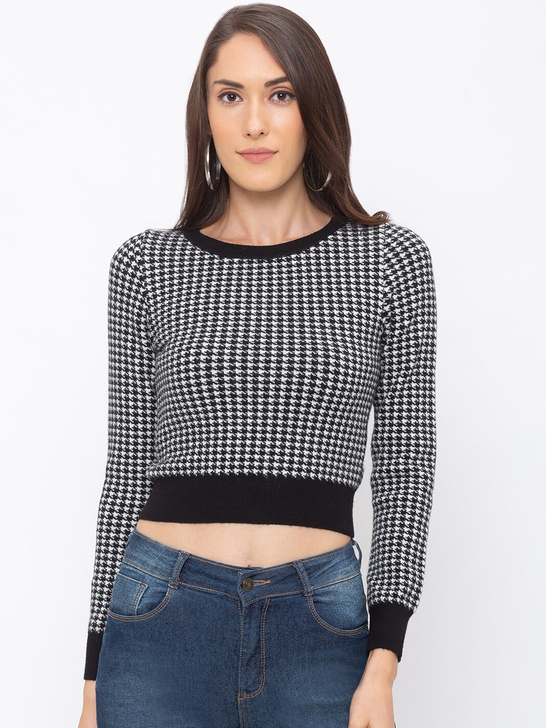 

Globus Women Black & White Houndstooth Printed Crop Pure Cotton Top