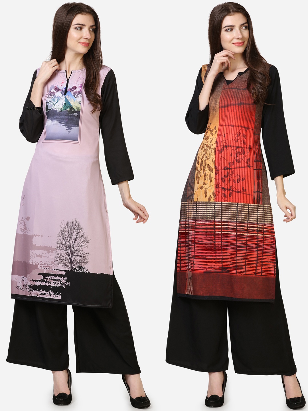 

Silk Bazar Women Pack Of 2 Pink & Orange Printed Straight Kurtas