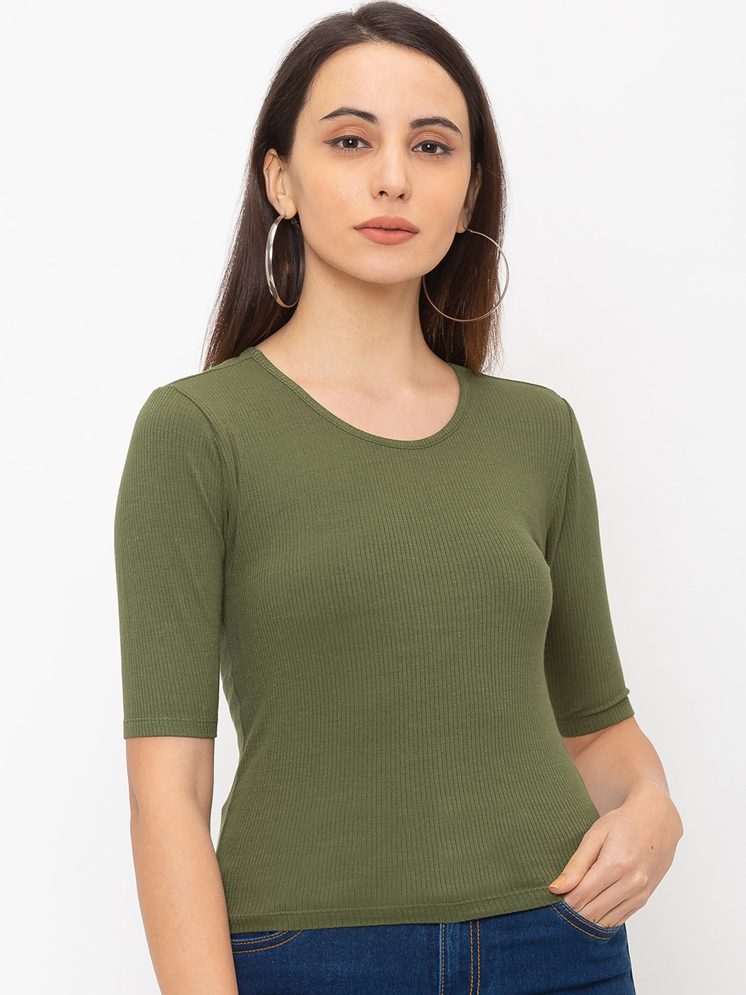 

Globus Women Olive Green Self Design Pure Cotton Top