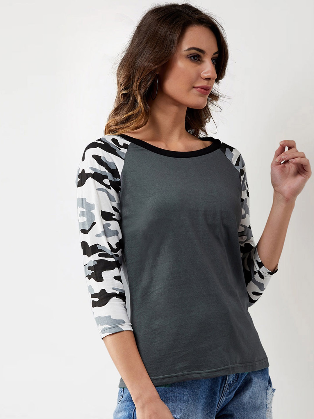 Miss Chase Women Grey White Camouflage Printed Round Neck Pure Cotton T-shirt