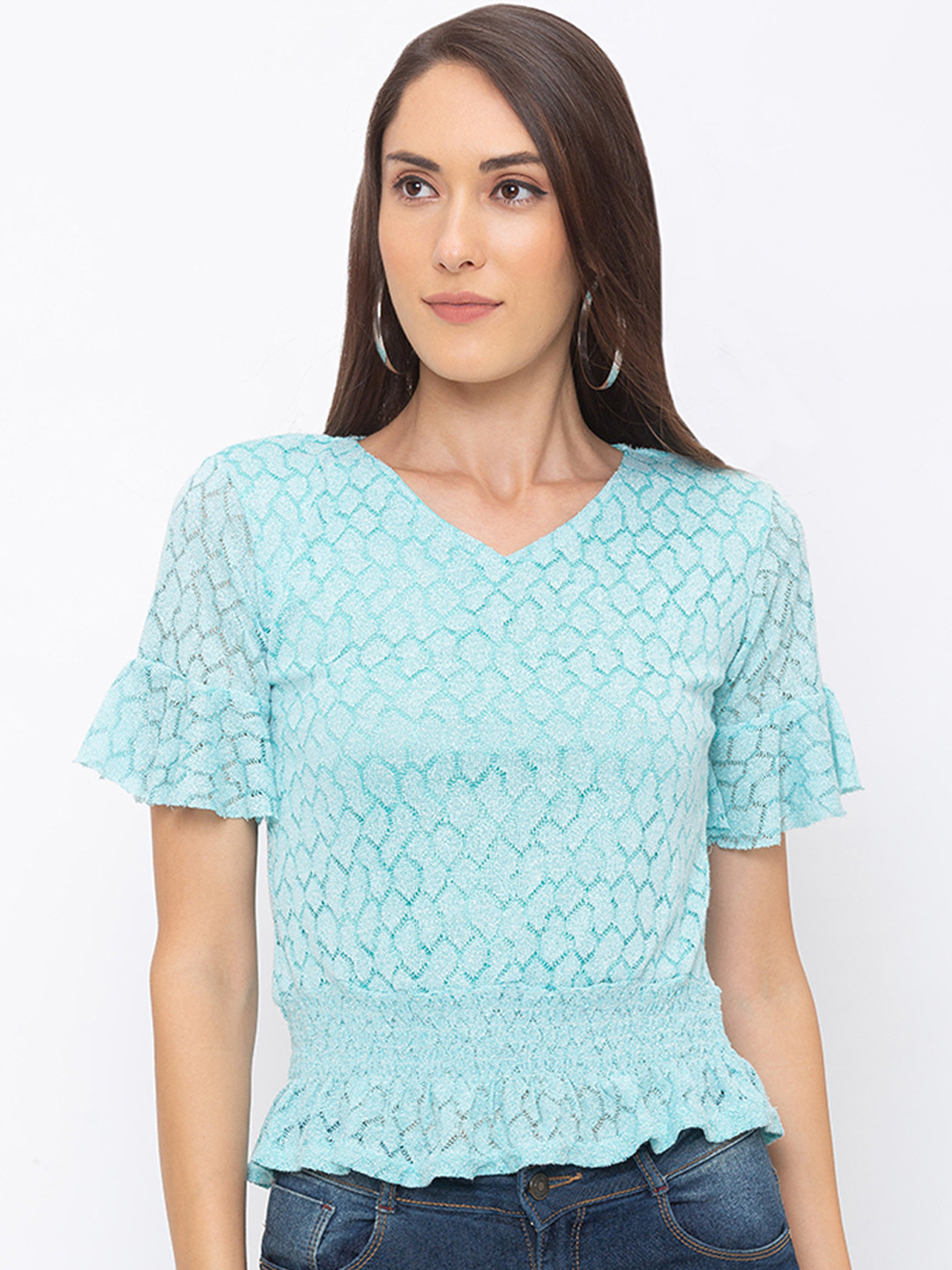 

Globus Women Turquoise Blue Lace Cinched Waist Top