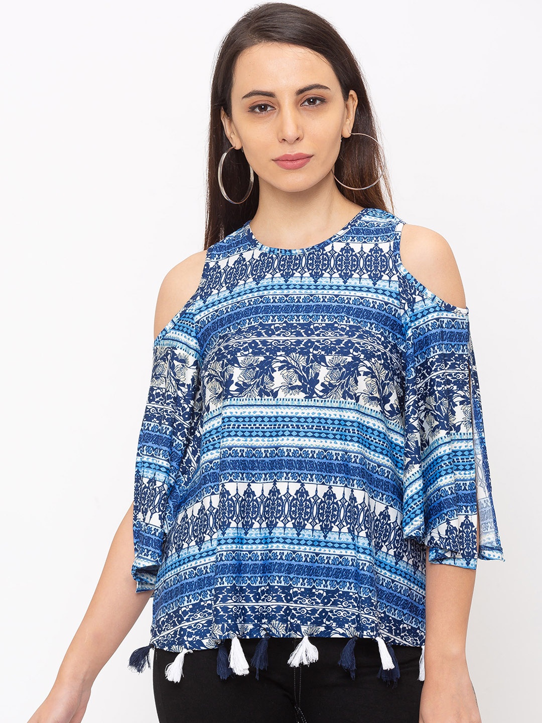 

Globus Women Navy Blue & White Floral Print Cold Shoulder Top