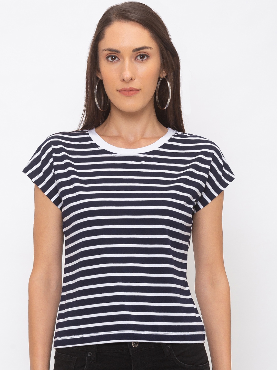 

Globus Women Navy Blue Striped Pure Cotton Top