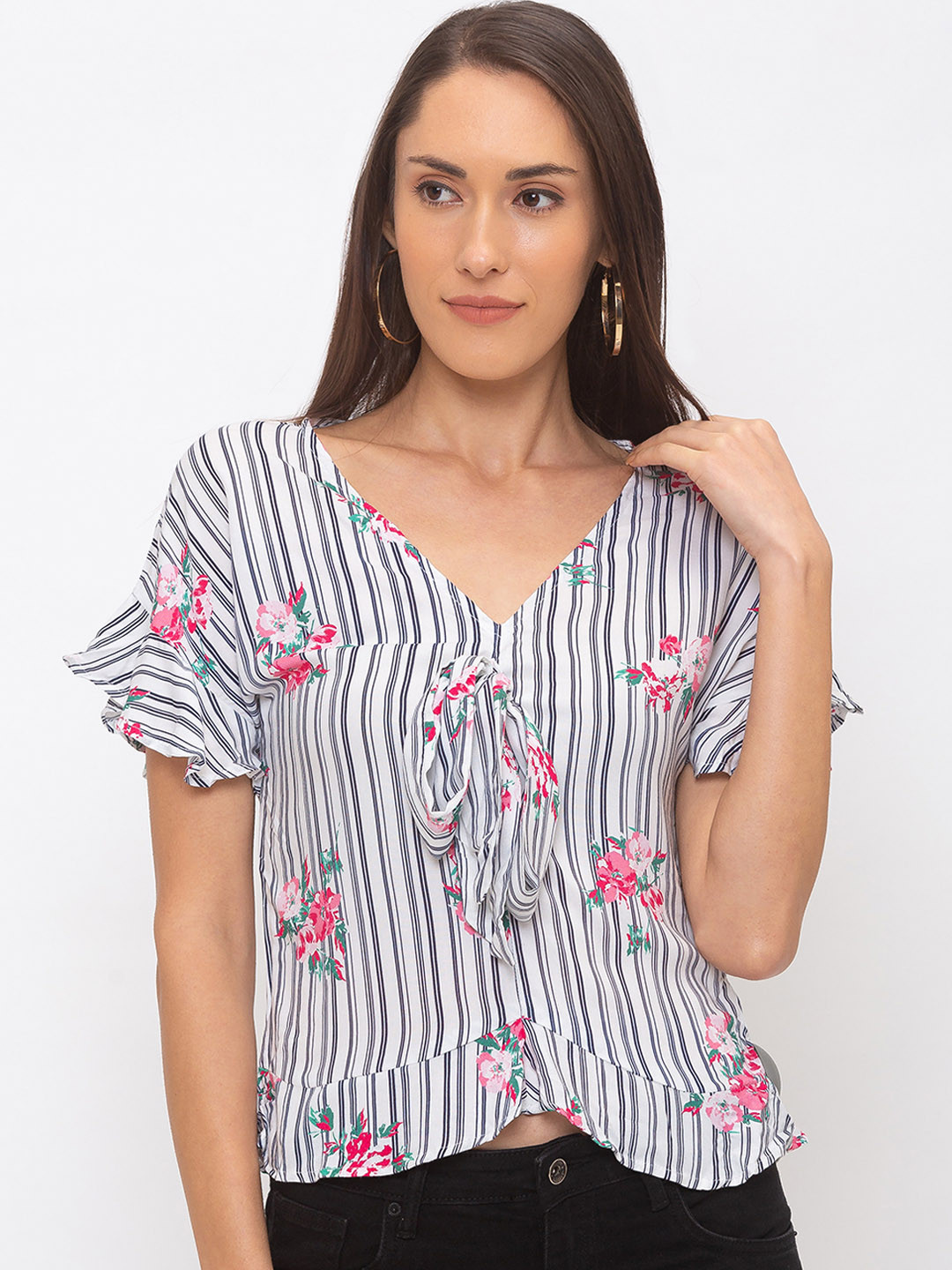 

Globus Women White & Navy Blue Striped Pure Cotton Top