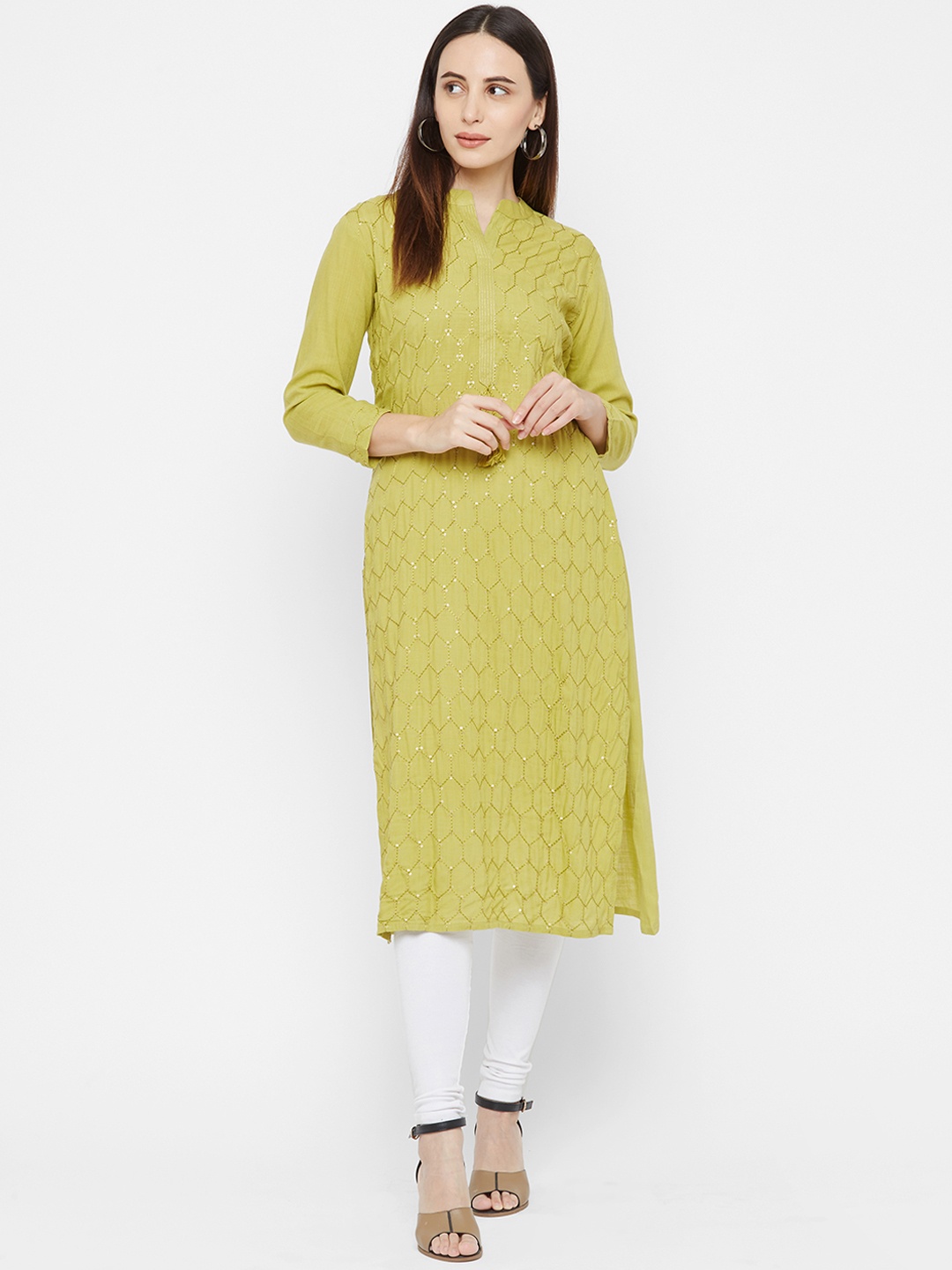 

FASHOR Women Lime Green Embellished A-Line Kurta