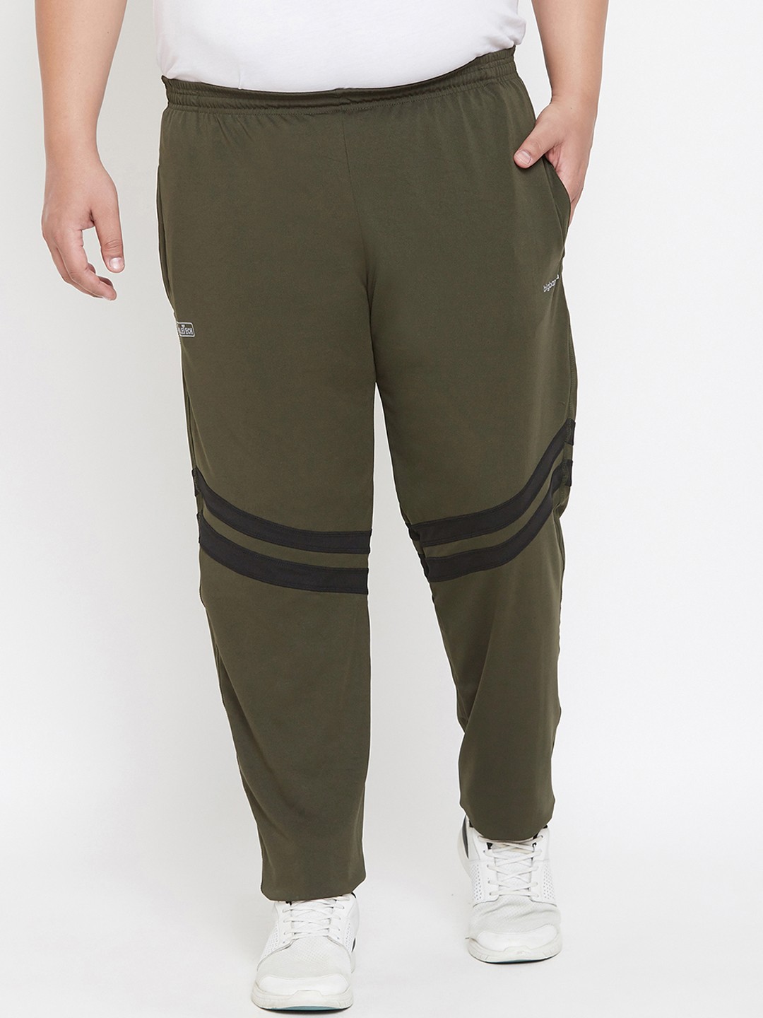 

bigbanana Plus Size Men Olive Green Black Solid Straight-Fit Track Pants