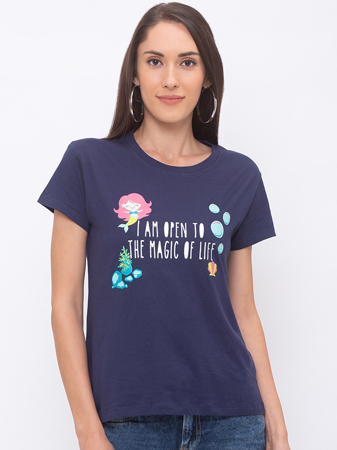 

Globus Women Navy Blue & White Printed Round Neck T-shirt
