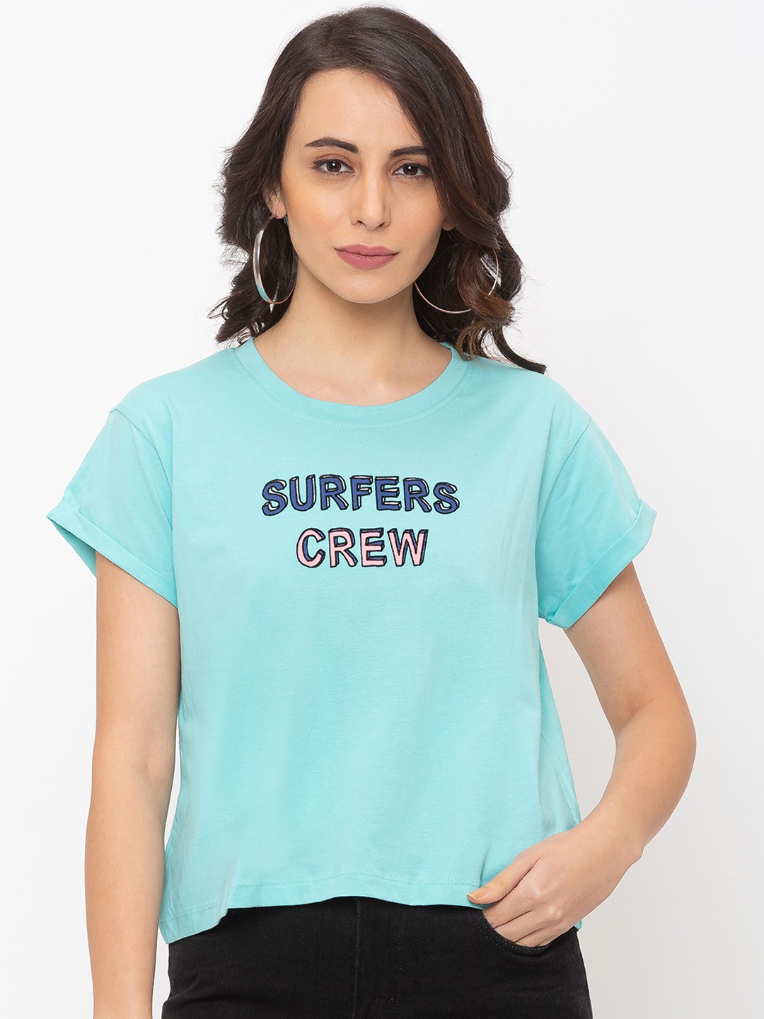 

Globus Women Turquoise Blue Printed Round Neck T-shirt