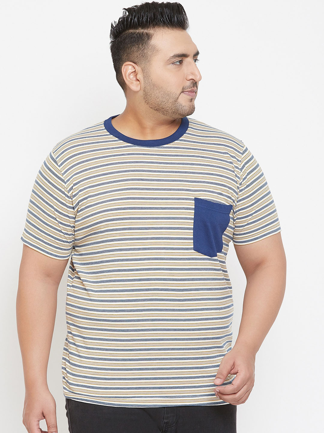 

bigbanana Plus Size Men Blue Striped Round Neck T-shirt
