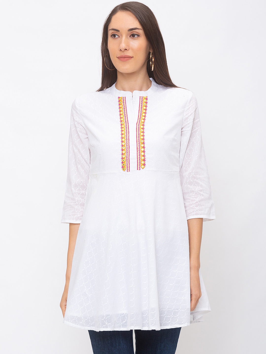 

Globus Women White & Orange Embroidered Tunic