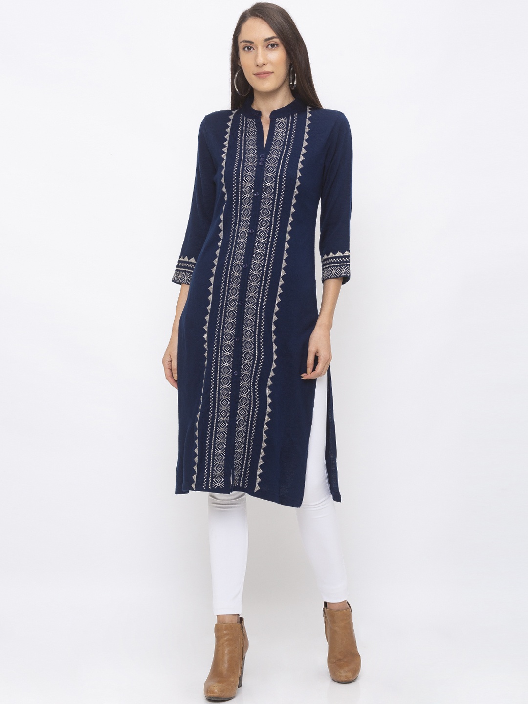 

Globus Women Navy Blue & Beige Embroidered Straight Kurta