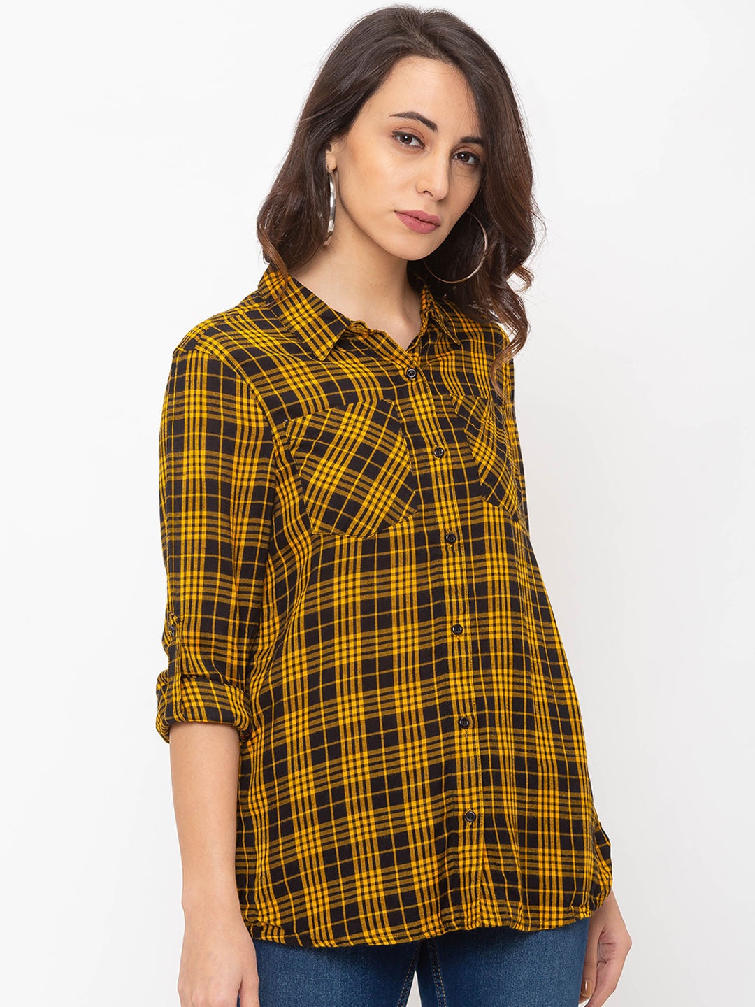 

Globus Women Yellow & Black Regular Fit Checked Casual Shirt