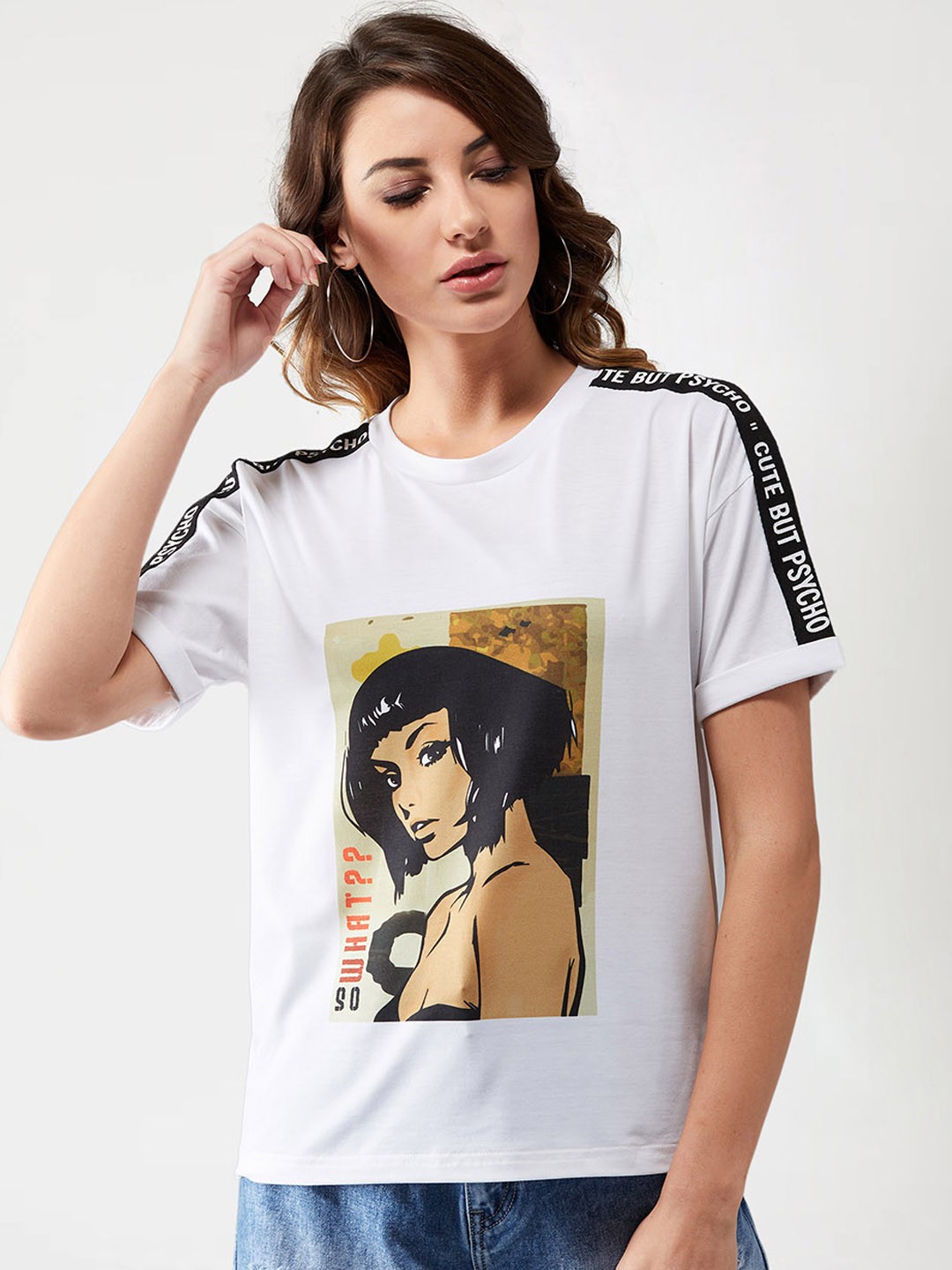 

Miss Chase Women White & Black Printed Round Neck T-shirt