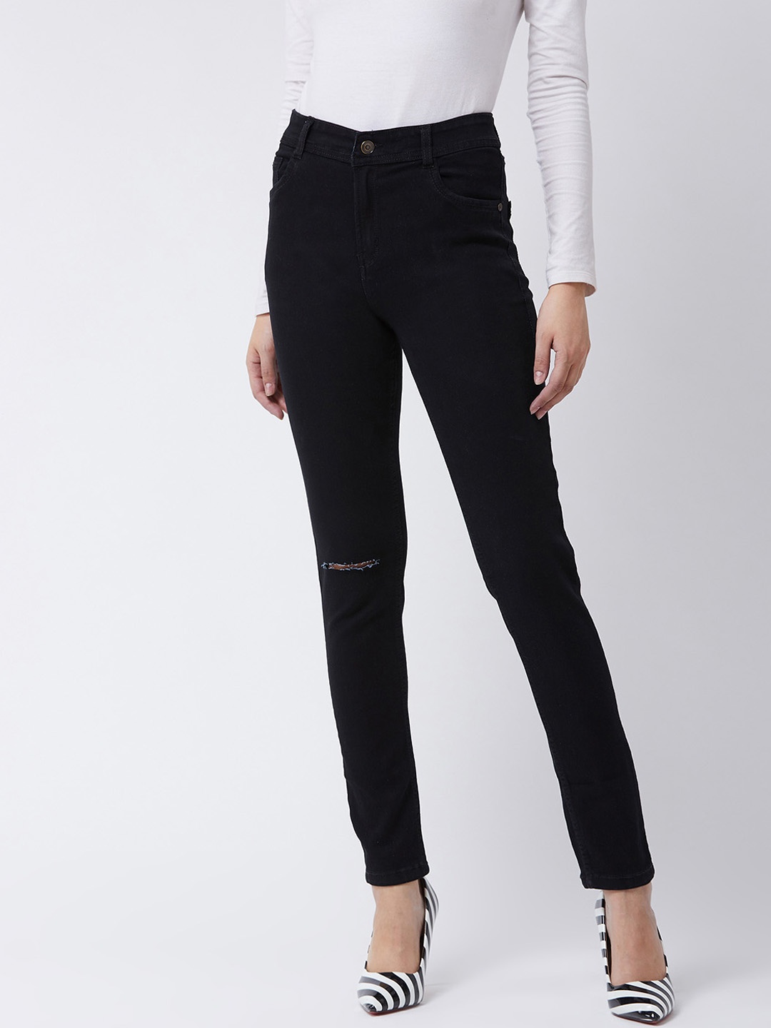 Miss Chase Women Black Slim Fit High-Rise Slash Knee Stretchable Jeans