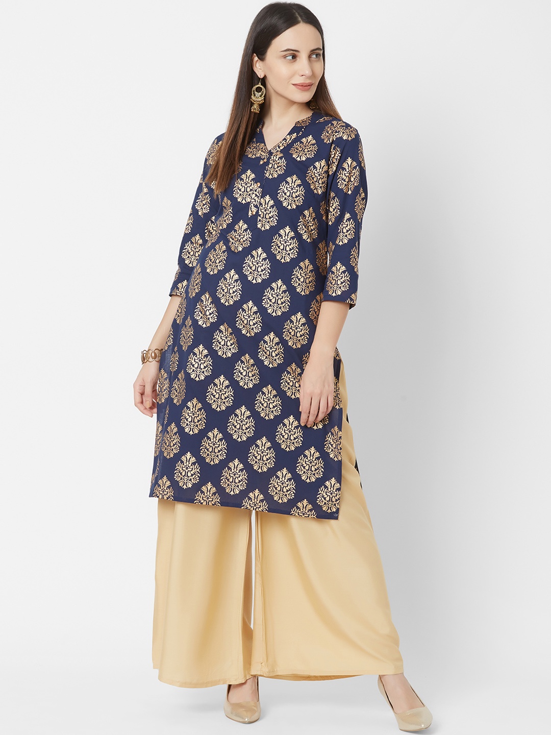 

Vedic Women Navy Blue & Gold Floral Print Straight Kurta