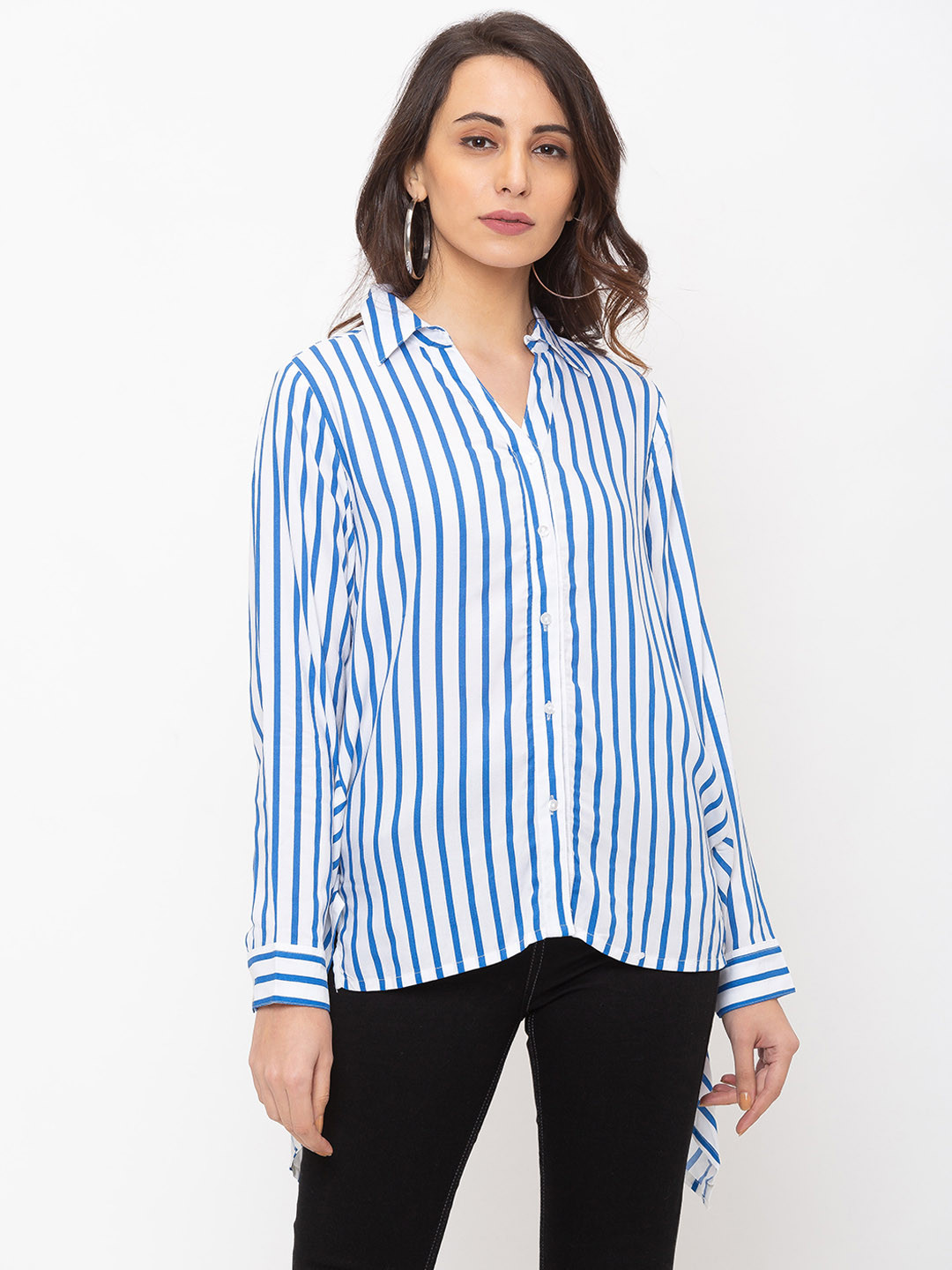 

Globus Women White & Blue Regular Fit Striped Dolman Sleeve Shirt