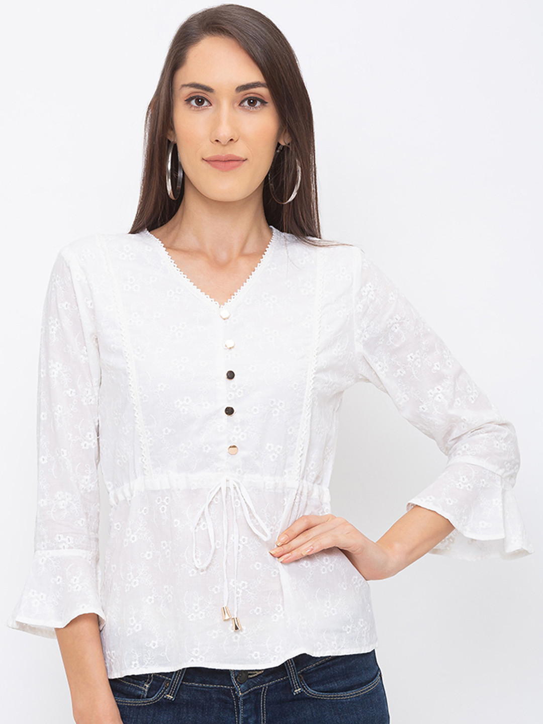 

Globus Women White Embroidered Cinched Waist Pure Cotton Top