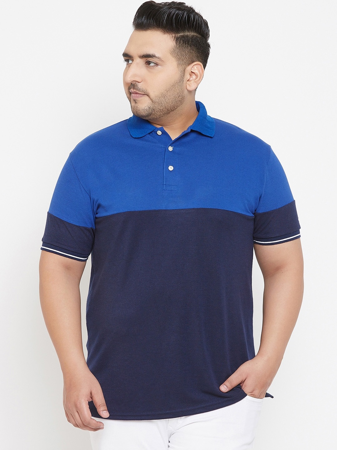 

bigbanana Plus Size Men Navy Blue Colourblocked Polo Collar T-shirt