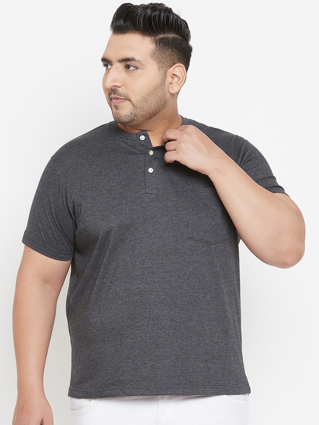 

bigbanana Plus Size Men Grey Solid Henley Neck Pure Cotton T-shirt
