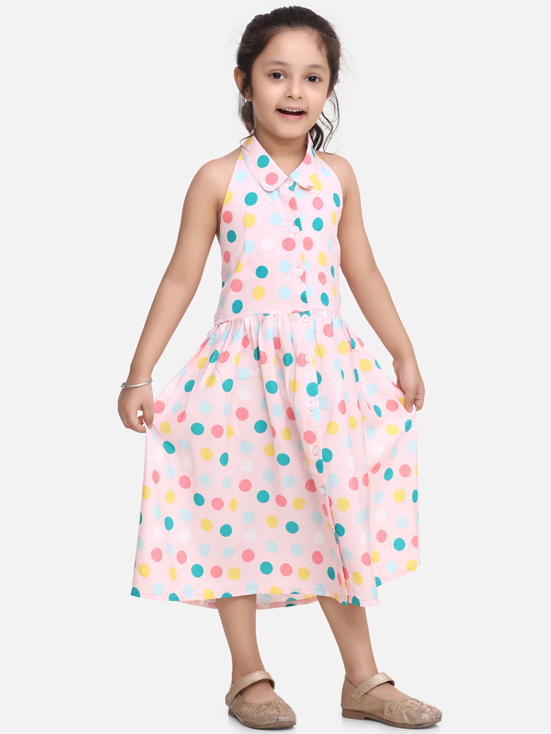 

BownBee Girls Pink & Blue Polka Dot Print Fit and Flare Dress