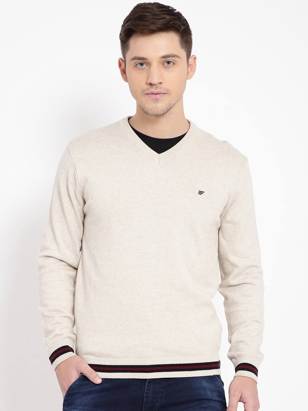

t-base Men Beige Solid Pullover Sweater