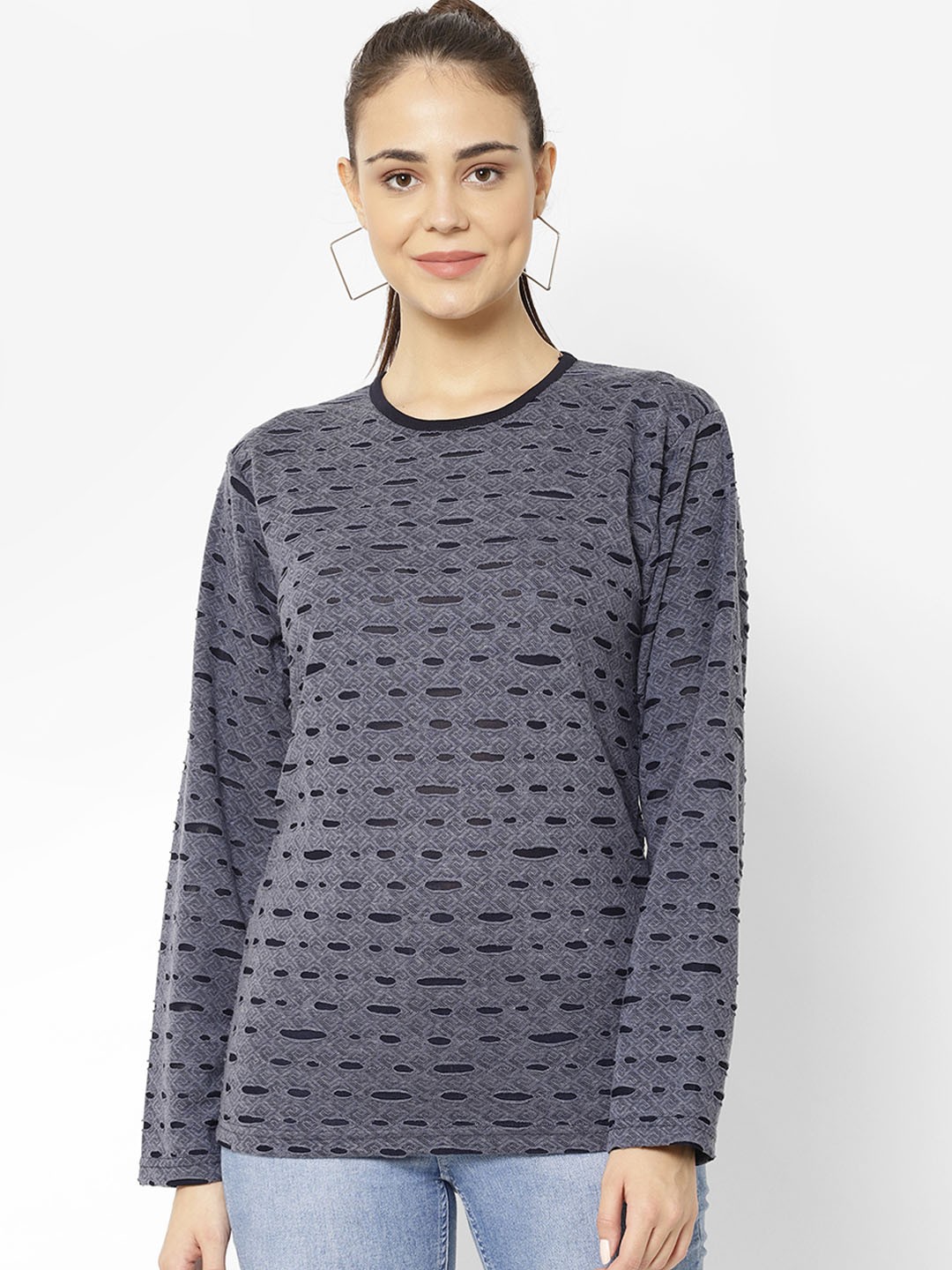 

VIMAL JONNEY Women Navy Blue Self Design Round Neck T-shirt