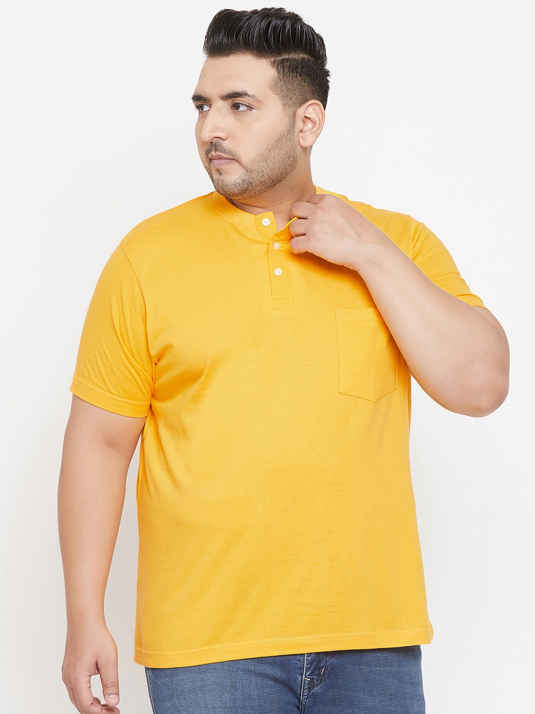 

bigbanana Plus Size Men Yellow Solid Henley Neck T-shirt