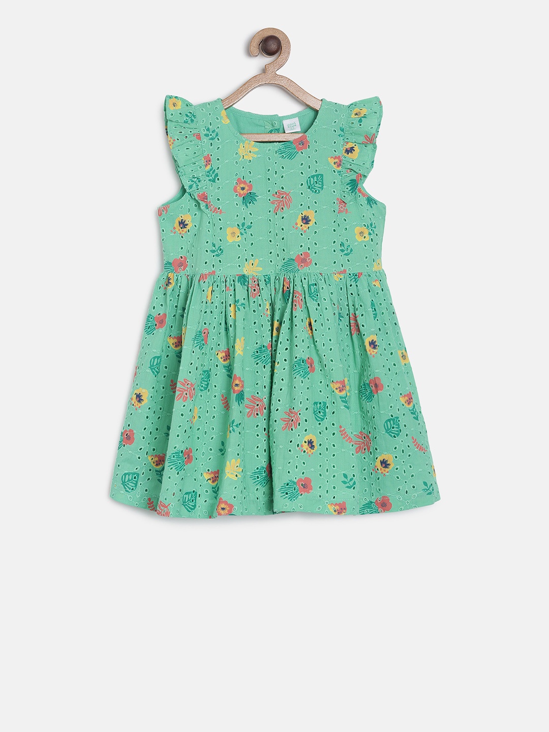 

MINI KLUB Girls Green & Yellow Floral Print Schiffli Dress