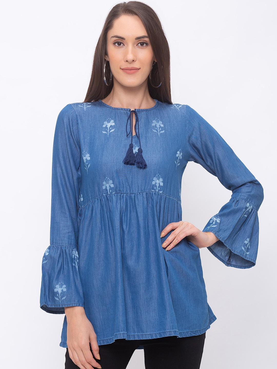 

Globus Women Blue Floral Print A-Line Pure Cotton Top
