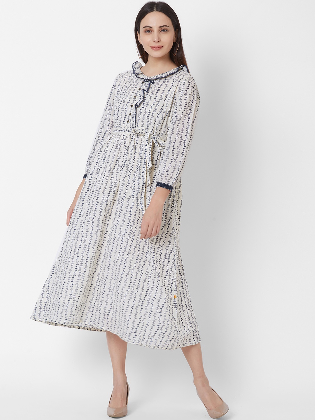 

Vedic Women Navy Blue & White Printed A-Line Dress