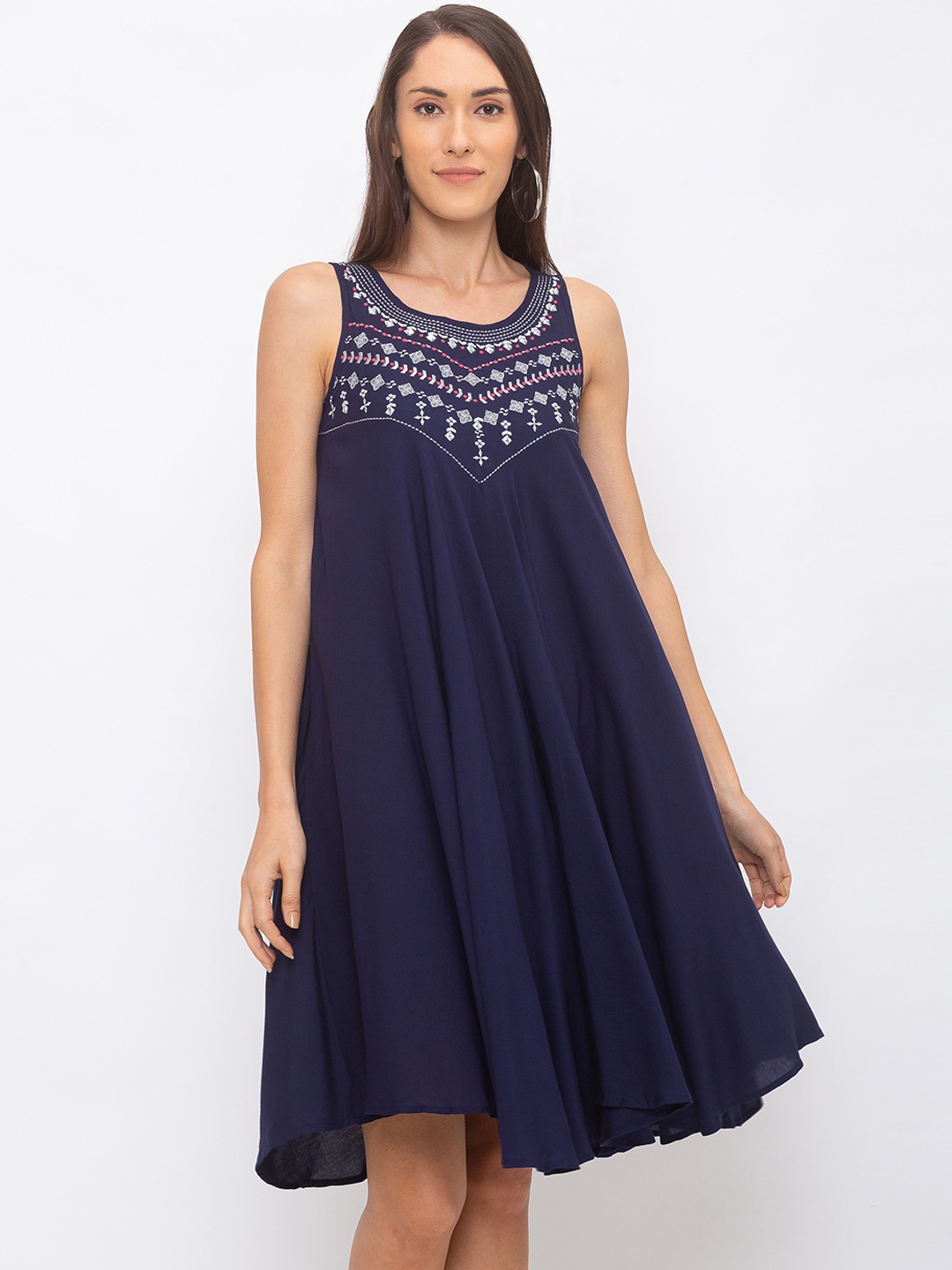 

Globus Women Navy Blue Solid Fit and Flare Dress
